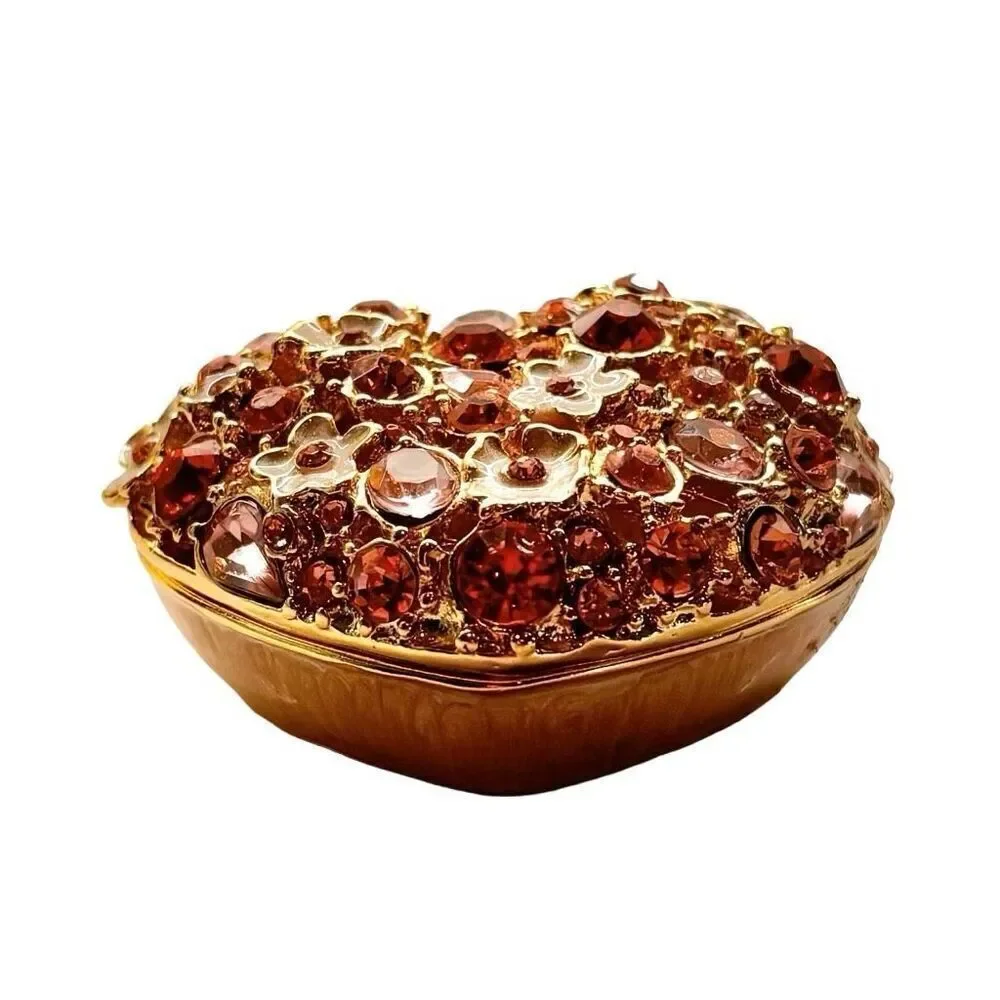 Vintage Hallowed Heart Rhinestone and Flower Heart Shaped Jewelry Box